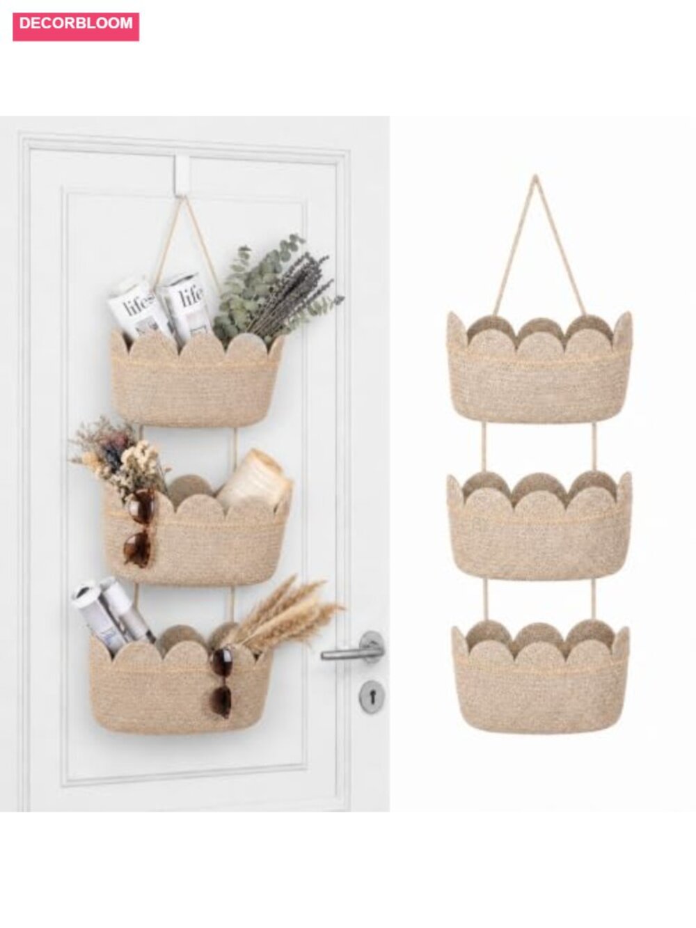 3 Tier Scalloped Hanging Storage Basket - Cotton Rope Over Door Organizer